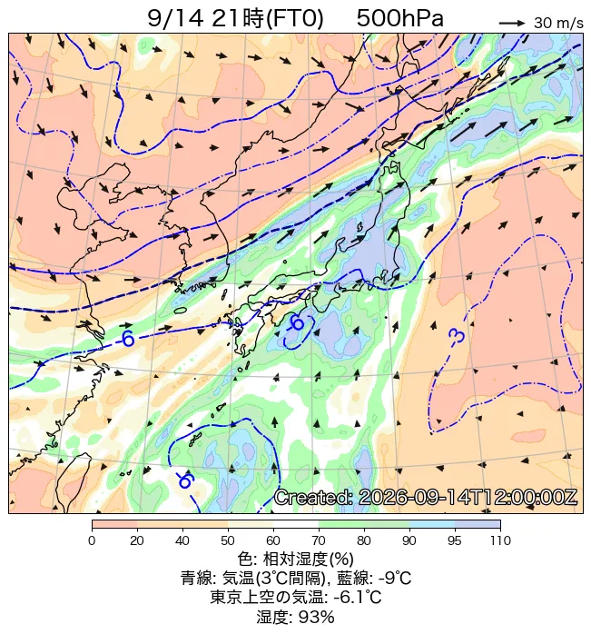 2026年9月14日の日本周辺の500hPa天気図（21時）