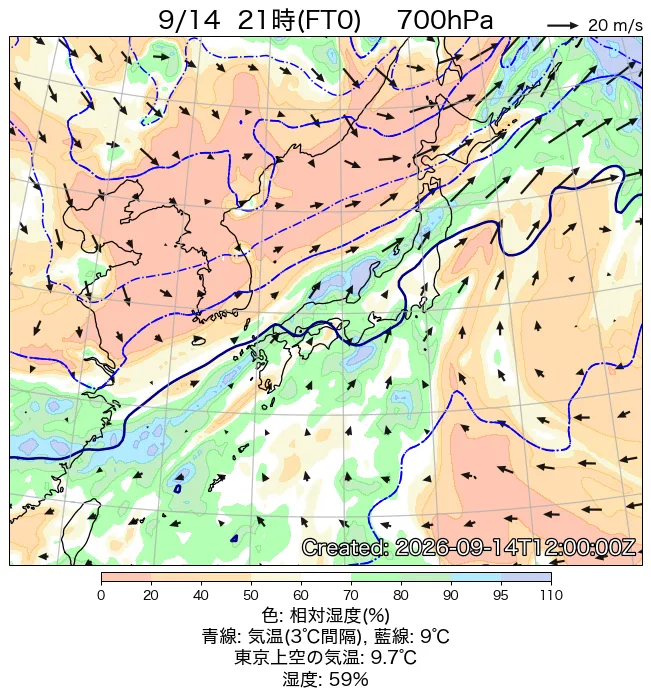 2026年9月14日の日本周辺の700hPa天気図（21時）