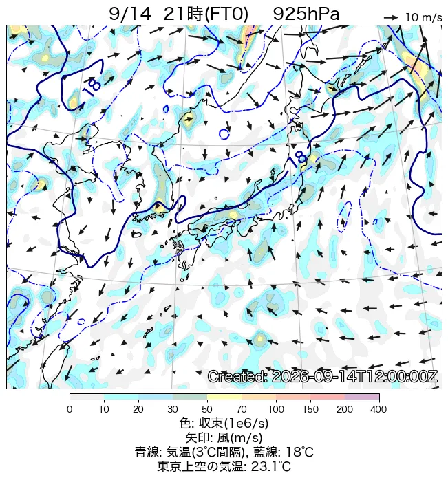 2026年9月14日の日本周辺の925hPa天気図（21時）