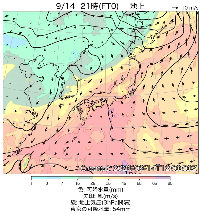 2026年9月14日の日本周辺の地上天気図（21時）