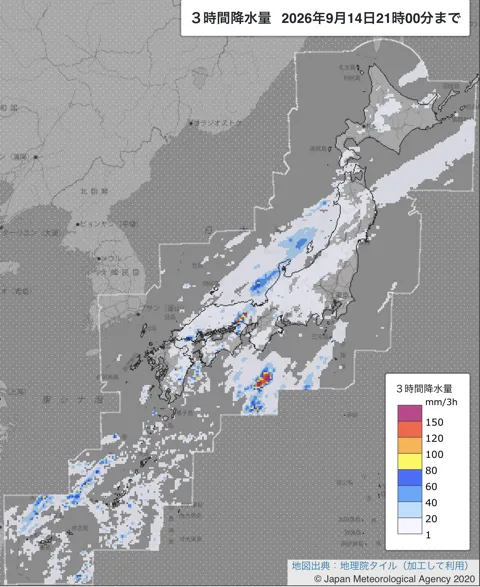 2026年9月14日18〜21時の日本周辺の3時間解析降水量