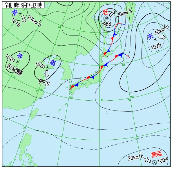 2026年9月14日21時の速報天気図