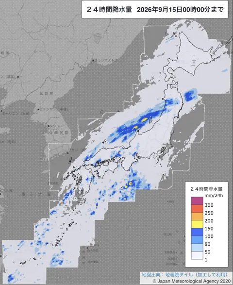 2026年9月14日の日本周辺の日解析雨量の図
