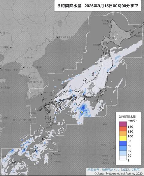 2026年9月14日21〜24時の日本周辺の3時間解析降水量