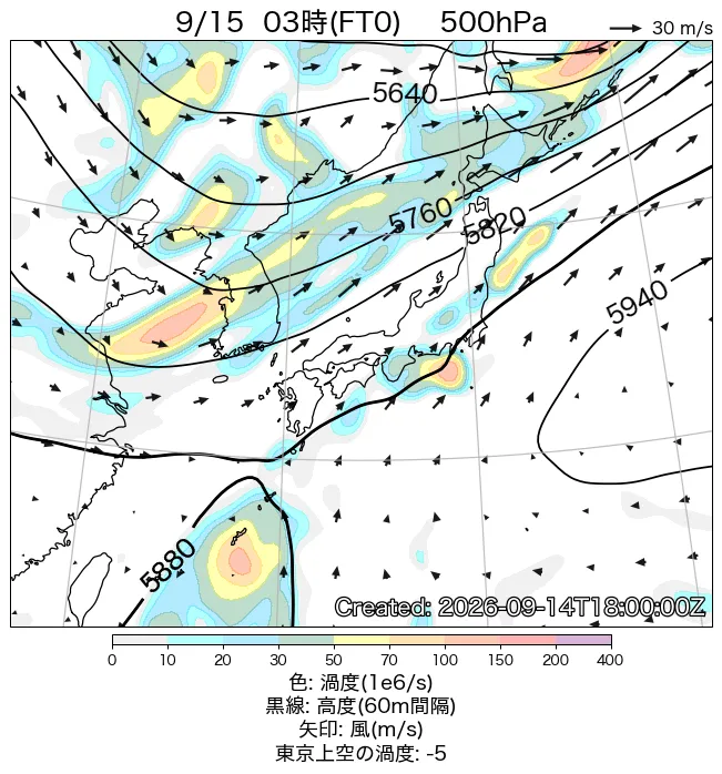 2026年9月15日の日本周辺の500hPa天気図（3時）