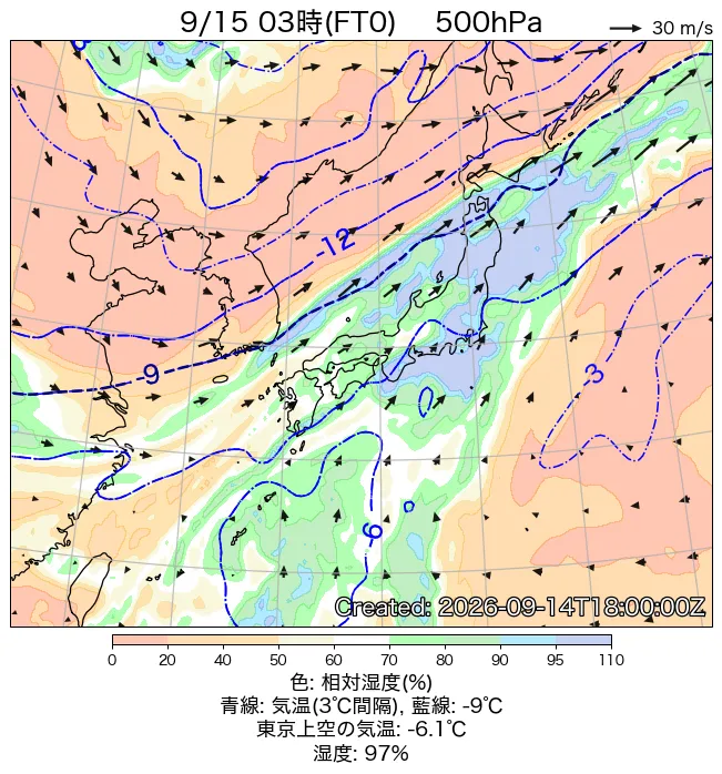 2026年9月15日の日本周辺の500hPa天気図（3時）