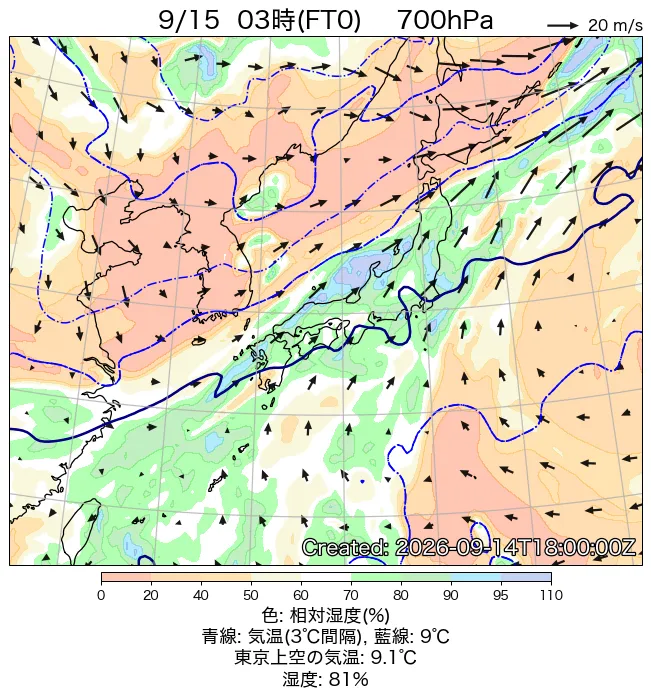 2026年9月15日の日本周辺の700hPa天気図（3時）