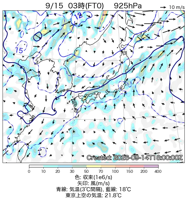 2026年9月15日の日本周辺の925hPa天気図（3時）