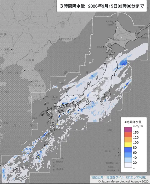 2026年9月15日0〜3時の日本周辺の3時間解析降水量