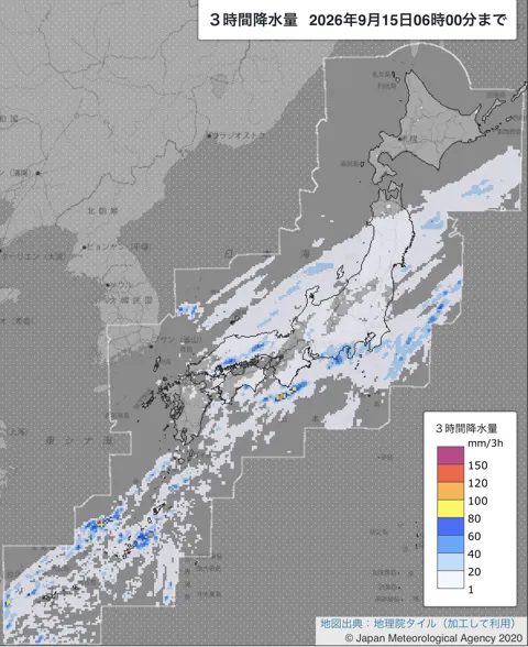 2026年9月15日3〜6時の日本周辺の3時間解析降水量
