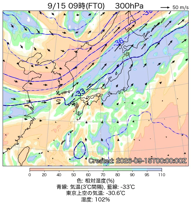 2026年9月15日の日本周辺の300hPa天気図（9時）