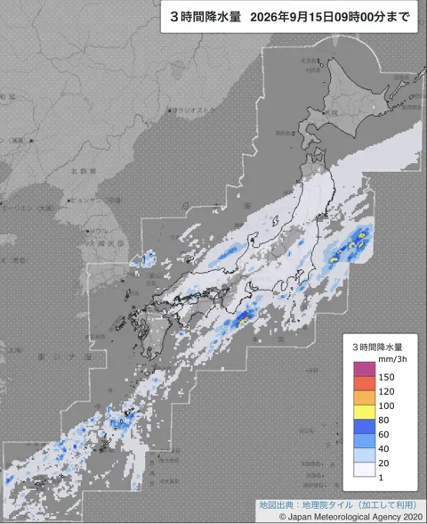 2026年9月15日6〜9時の日本周辺の3時間解析降水量