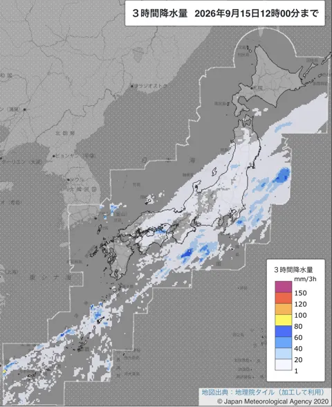 2026年9月15日9〜12時の日本周辺の3時間解析降水量