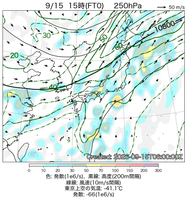 2026年9月15日の日本周辺の250hPa天気図（15時）