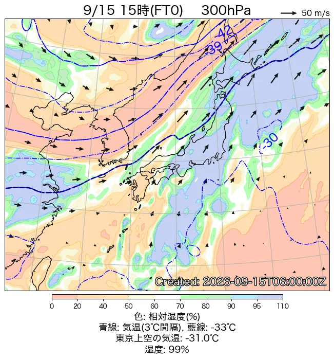 2026年9月15日の日本周辺の300hPa天気図（15時）