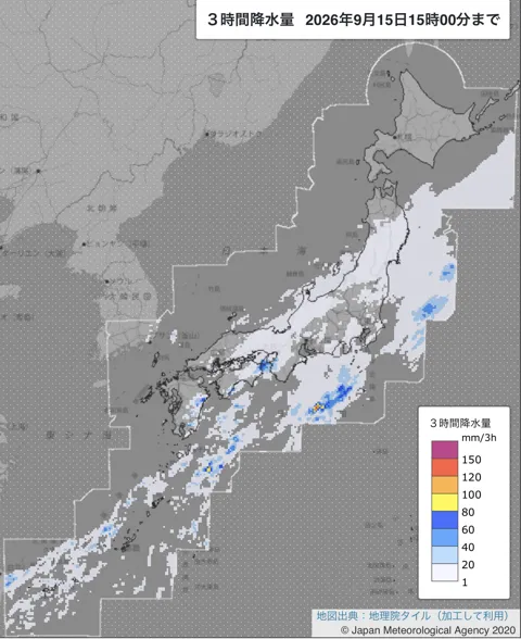 2026年9月15日12〜15時の日本周辺の3時間解析降水量
