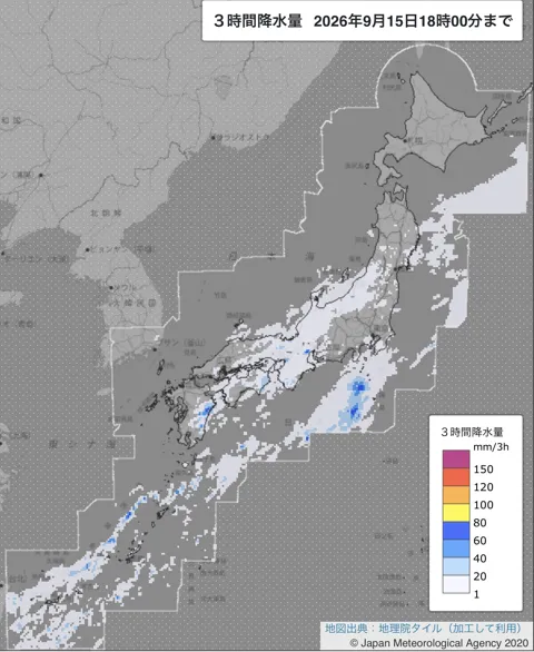 2026年9月15日15〜18時の日本周辺の3時間解析降水量
