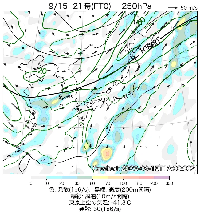 2026年9月15日の日本周辺の250hPa天気図（21時）