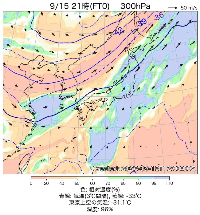 2026年9月15日の日本周辺の300hPa天気図（21時）