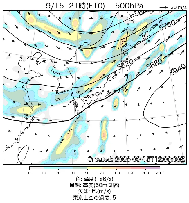 2026年9月15日の日本周辺の500hPa天気図（21時）