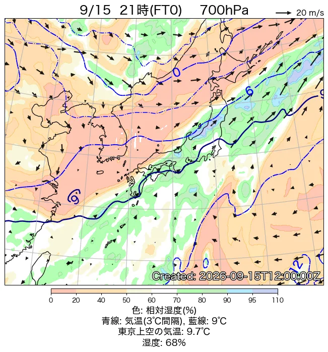 2026年9月15日の日本周辺の700hPa天気図（21時）