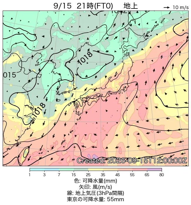 2026年9月15日の日本周辺の地上天気図（21時）