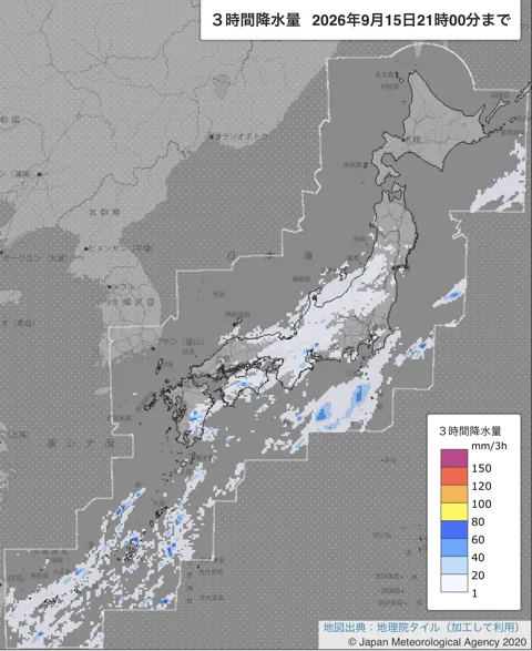 2026年9月15日18〜21時の日本周辺の3時間解析降水量