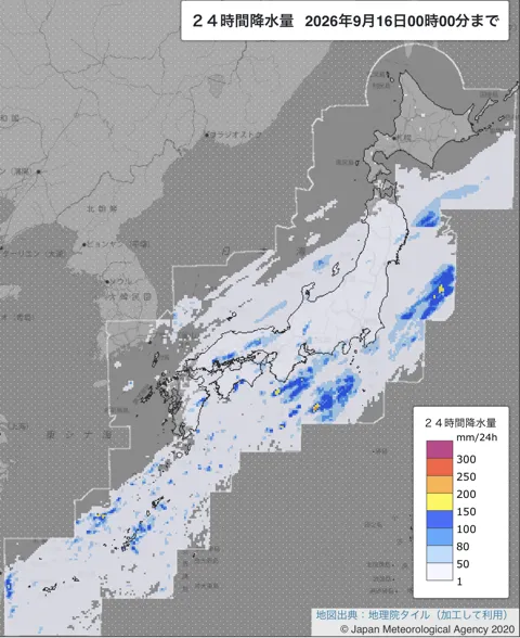 2026年9月15日の日本周辺の日解析雨量の図