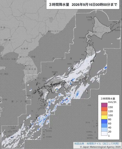 2026年9月15日21〜24時の日本周辺の3時間解析降水量