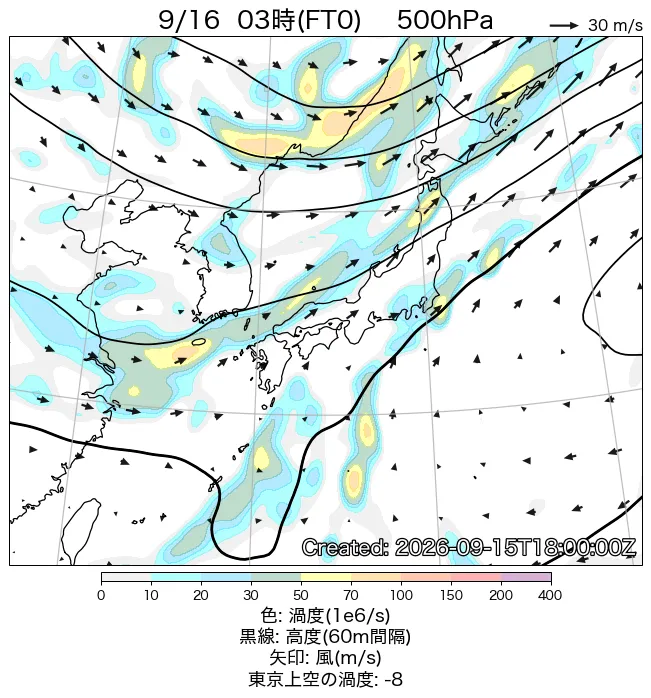 2026年9月16日の日本周辺の500hPa天気図（3時）