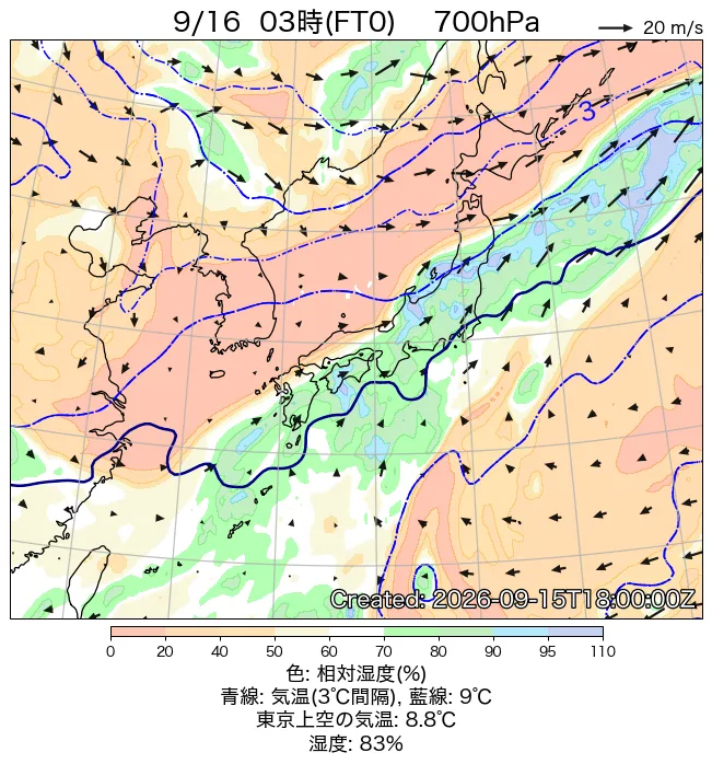 2026年9月16日の日本周辺の700hPa天気図（3時）