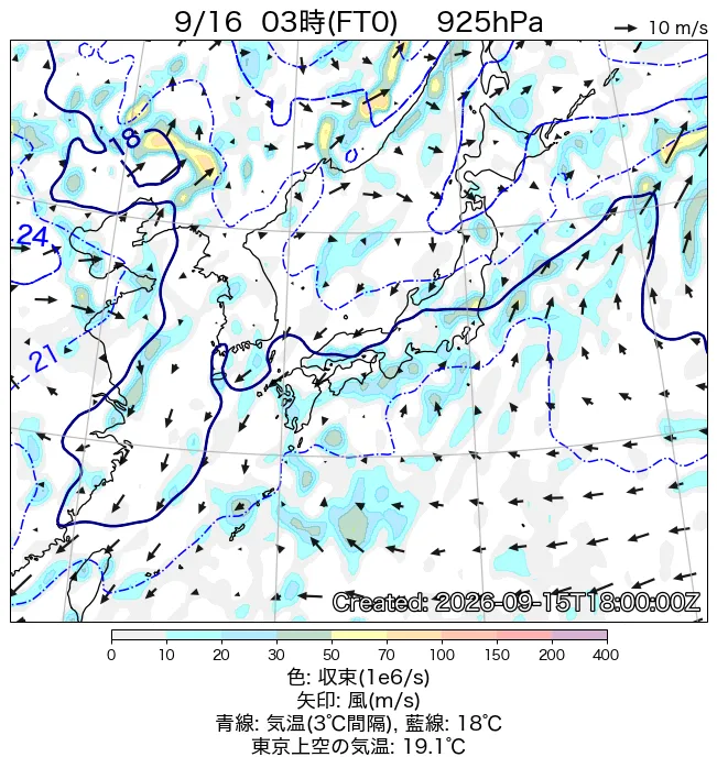 2026年9月16日の日本周辺の925hPa天気図（3時）