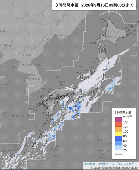 2026年9月16日0〜3時の日本周辺の3時間解析降水量