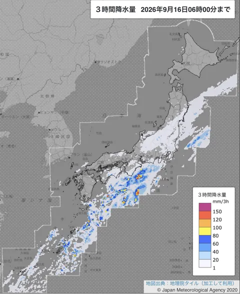 2026年9月16日3〜6時の日本周辺の3時間解析降水量