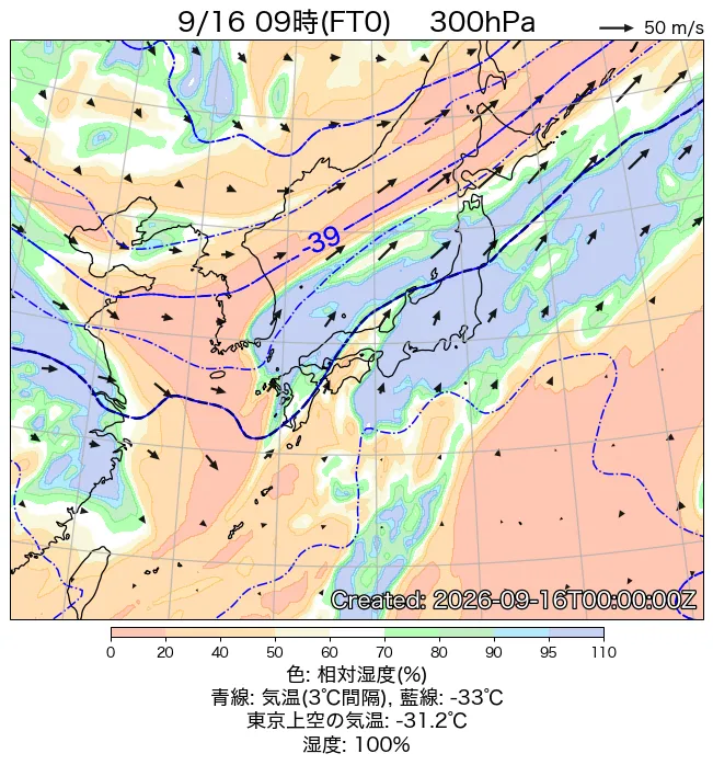 2026年9月16日の日本周辺の300hPa天気図（9時）
