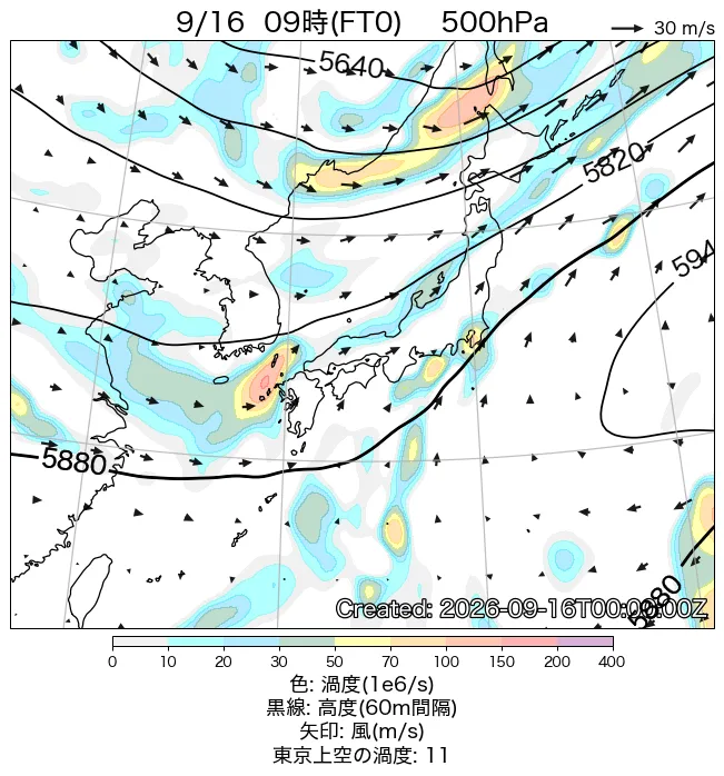 2026年9月16日の日本周辺の500hPa天気図（9時）