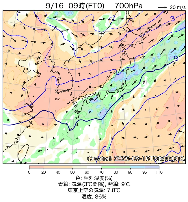 2026年9月16日の日本周辺の700hPa天気図（9時）