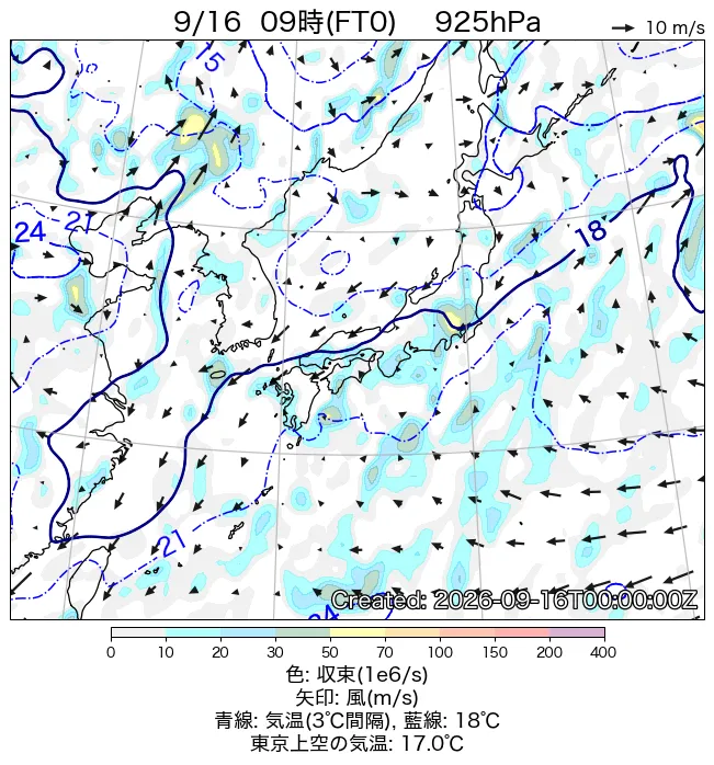2026年9月16日の日本周辺の925hPa天気図（9時）