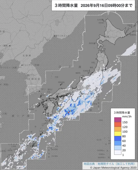 2026年9月16日6〜9時の日本周辺の3時間解析降水量