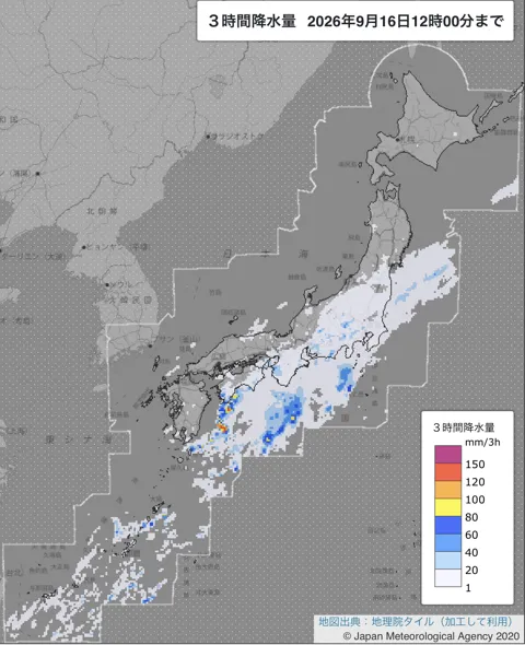 2026年9月16日9〜12時の日本周辺の3時間解析降水量