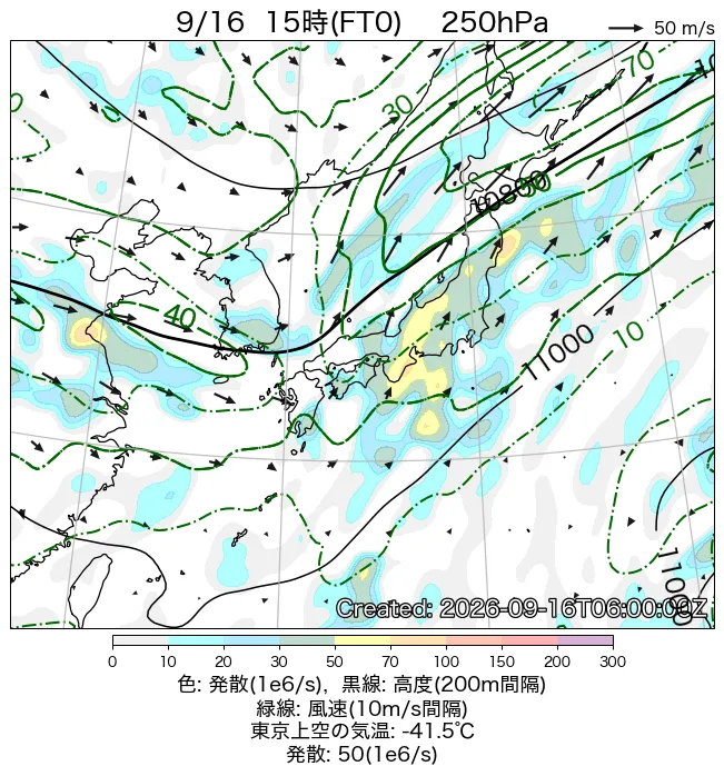2026年9月16日の日本周辺の250hPa天気図（15時）
