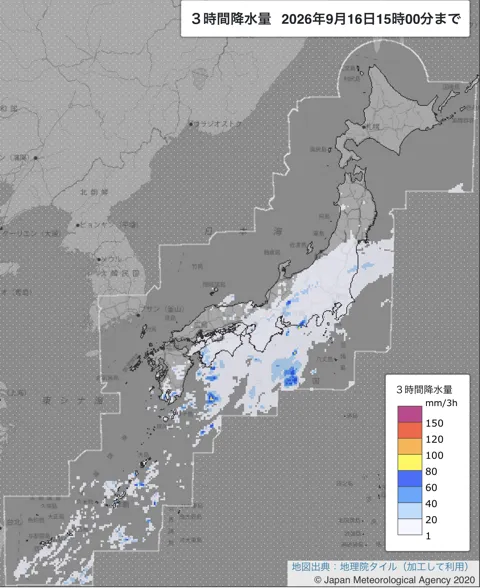 2026年9月16日12〜15時の日本周辺の3時間解析降水量