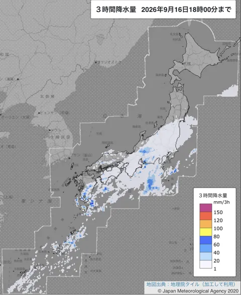 2026年9月16日15〜18時の日本周辺の3時間解析降水量