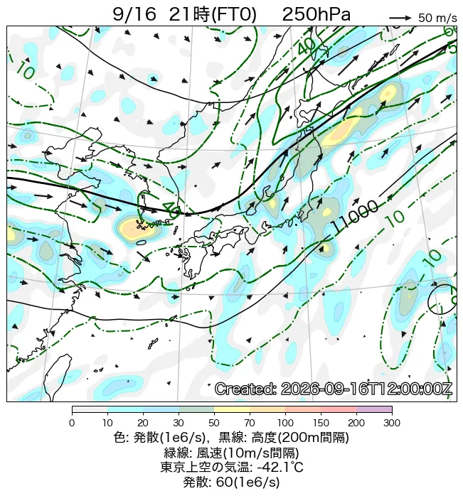 2026年9月16日の日本周辺の250hPa天気図（21時）