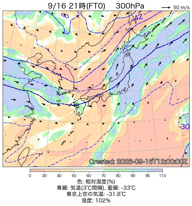 2026年9月16日の日本周辺の300hPa天気図（21時）