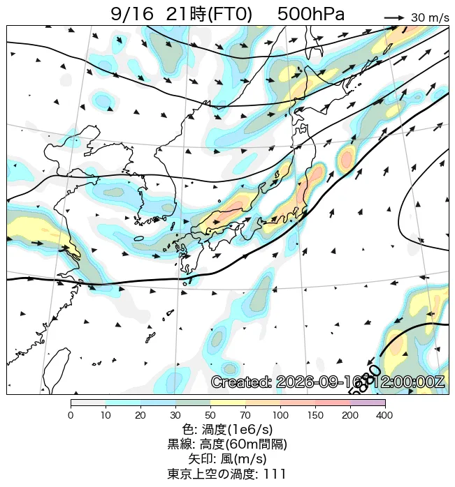 2026年9月16日の日本周辺の500hPa天気図（21時）