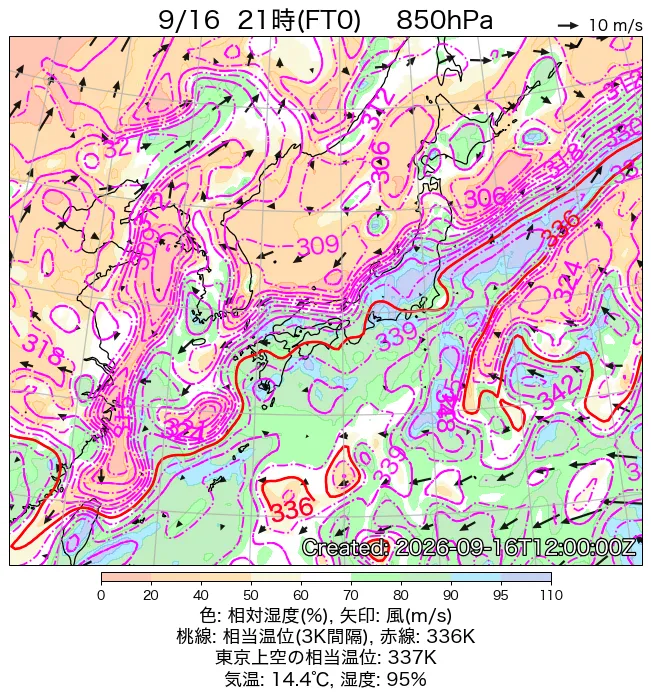 2026年9月16日の日本周辺の850hPa天気図（21時）