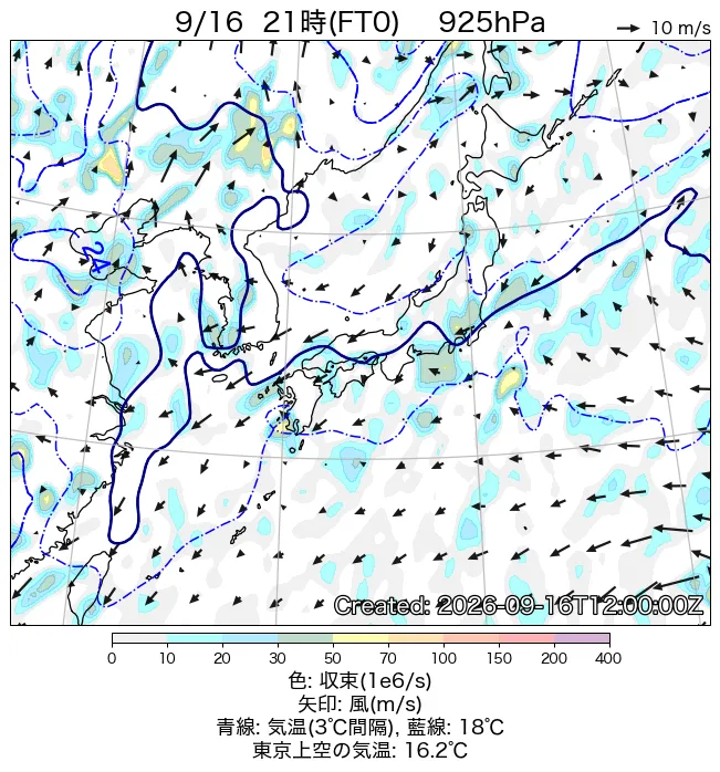 2026年9月16日の日本周辺の925hPa天気図（21時）