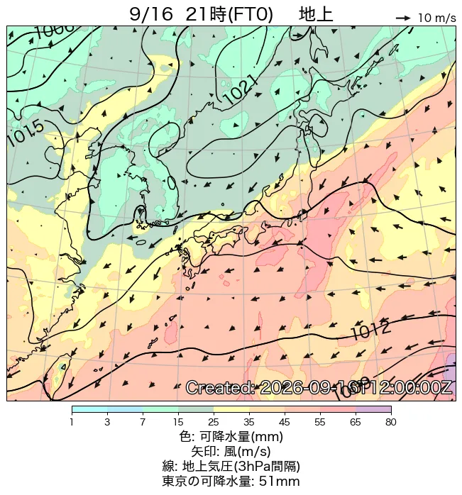 2026年9月16日の日本周辺の地上天気図（21時）