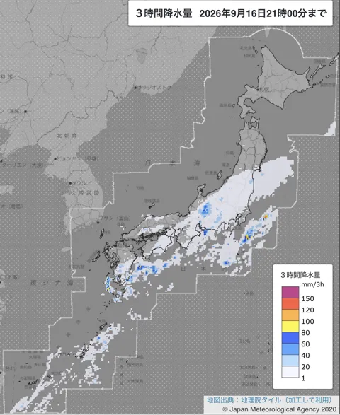 2026年9月16日18〜21時の日本周辺の3時間解析降水量